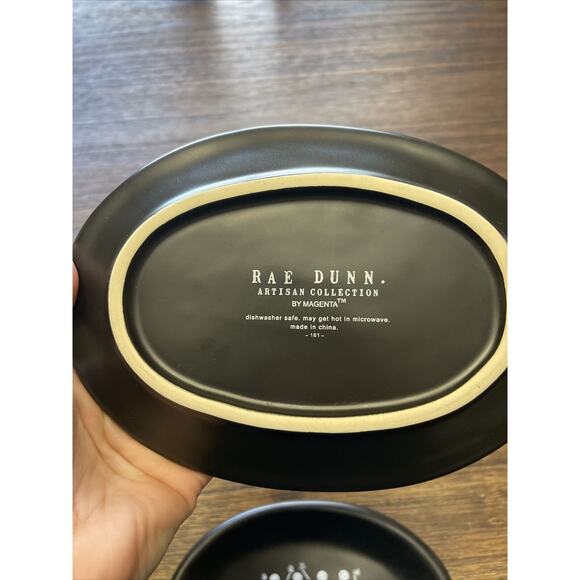 Rae Dunn Artisan Collection Black Halloween Skeleton Oval Dishes lot of 2 - Picture 4 of 5